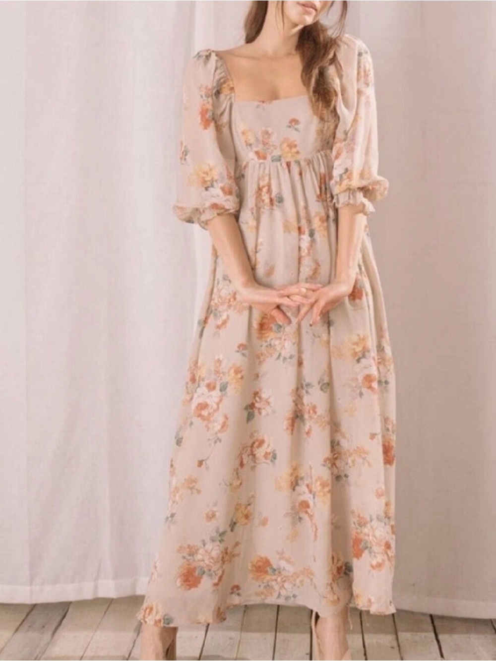 Storia Remi Floral Chiffon Babydoll Maxi Dress Puff Sleeve Size Small
